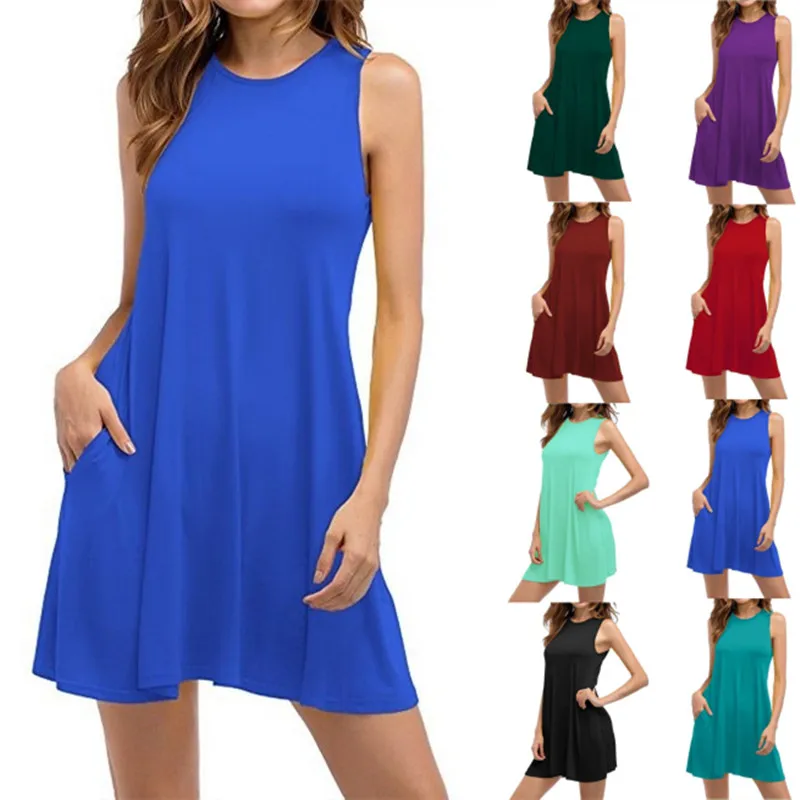

Summer Women Round Neck Sleeveless Dress Clothing With Pocket Sexy Office Ladies Solid Color Cotton Dresses for Young S-5XL