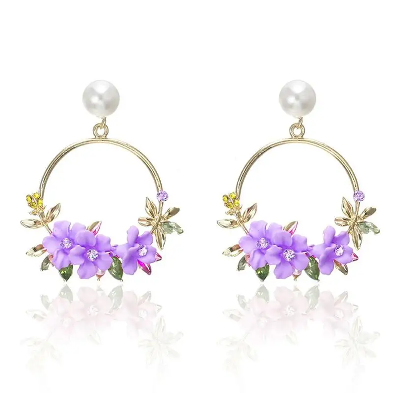 Korean Popular Pearl Earrings Crystal Geometric Circle yellow Flower Dangle Drop Earrings For Women Earings Fashion Jewelry - Окраска металла: Purple