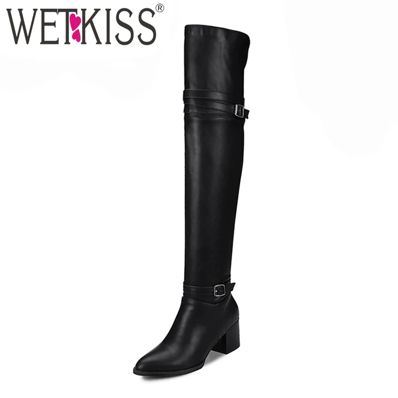 Acheter WETKISS 2018 Grande Taille 32 48 Femelle Sur le Genou Cuisse Haute Boot Boucle de Bottes Glissent sur Les Femmes sangle Épaisse Talons Chaussures Femme
