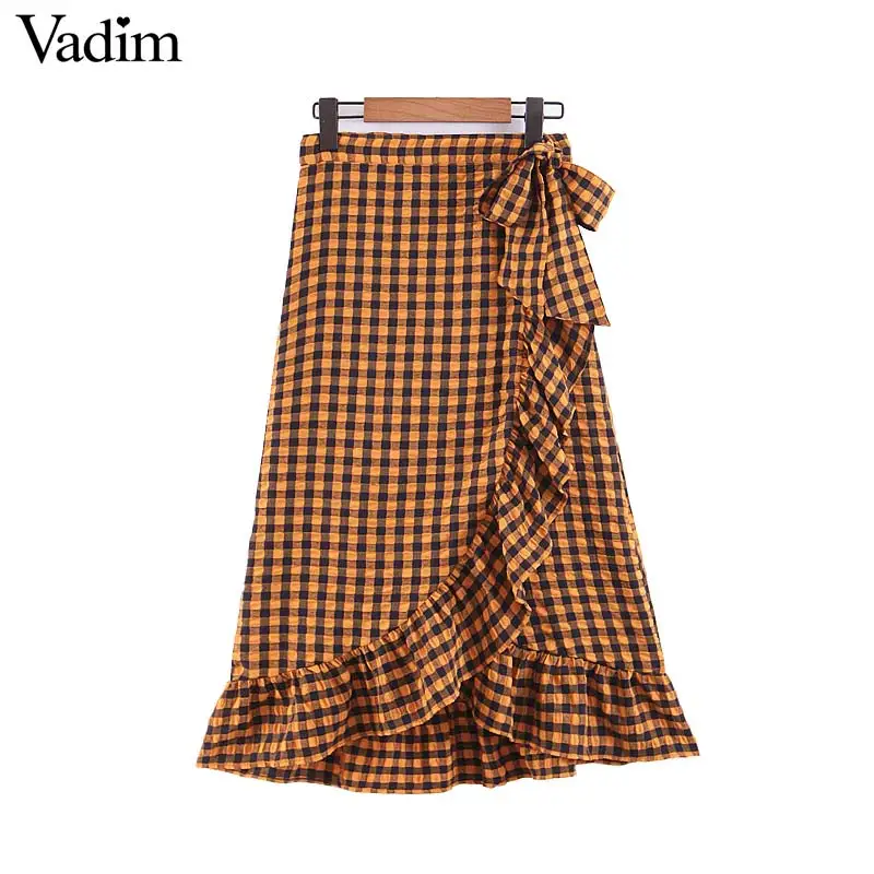 Вадим элегантные женские желтый plaid ruffled midi wrap skirt талии галстук-бабочка Дизайн