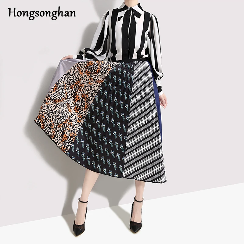 Hongsonghan Модные женские Высокая талия плиссированные лоскутное цвет длина эластичная юбка Акции Леди сращены вечерние повседневное юбки