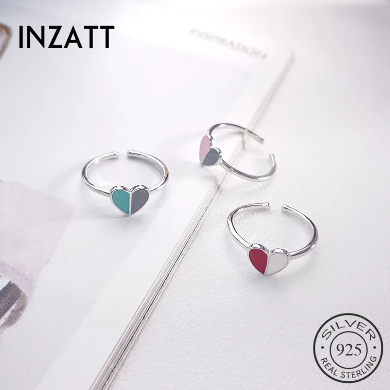 

INZATT Authentic 925 Sterling Silver Red Pink Green Colorful Enamel Heart Adjustable Ring For Fashion Women 2018 Fine Jewelry