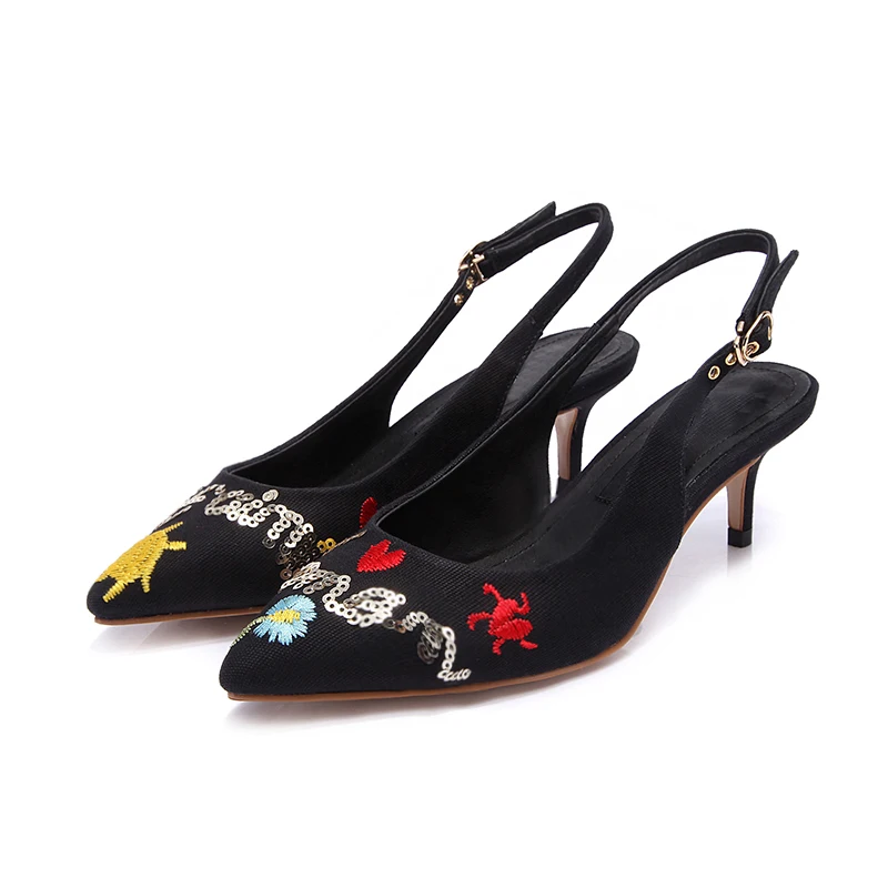

New Pointed Toe High Heel Shoes for Woman 2018 Thin Heels Letters Embroidery Pumps Vintage Slip-on Dress Heels