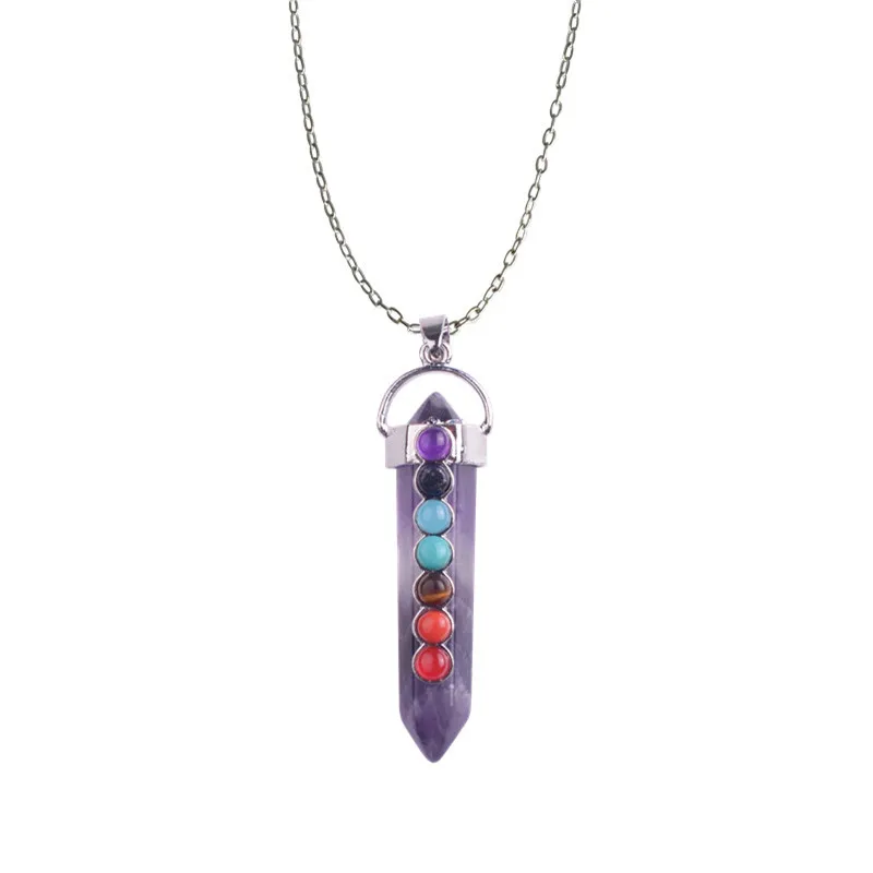 Purple 7 Chakra Stone Healing Crystal Pendant Necklace Reiki Rainbow Beads Yoga Natural Stone Necklaces Jewelry collares