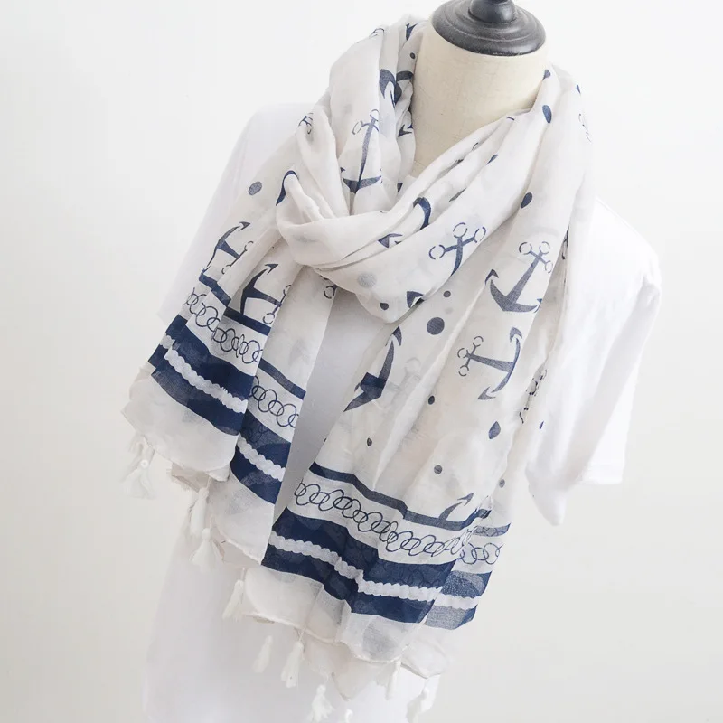 Модная шаль из вискозы с изображением океана, якоря, кисточкой, женский шарф, высокое качество, Пляжная летняя накидка на шею, палантин, мусульманский хиджаб, снуд