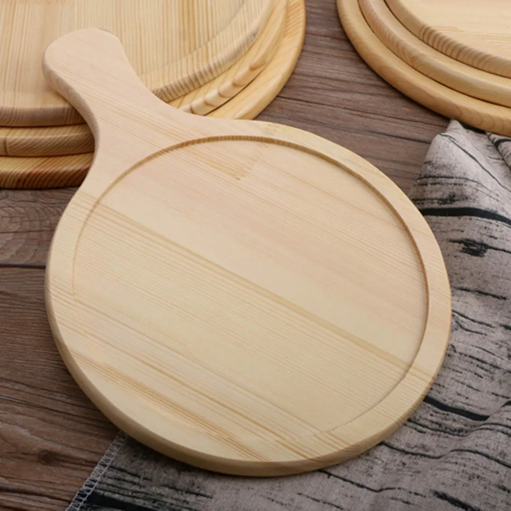 Wooden Pizza Pan board Round with Hand Pizza Baking Tray Pizza Stone Cutting Board Platter Pizza Cake Bakeware Tools