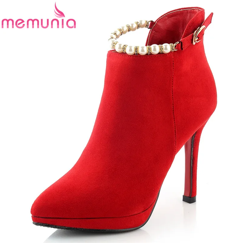 

MEMUNIA 2020 new arrival winter boots women with string bead buckle ankle boots pointed toe thin high heels sexy female shoes