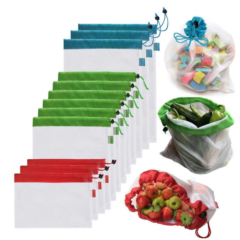 

5pcs/lot Reusable Mesh Produce Bags Vegetable Fruit Toys Storage Pouch Black Rope Double-Stitched Grocery Organizer Bag Handbag