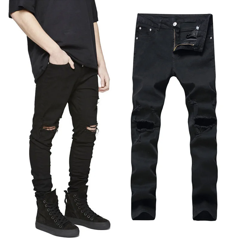QMGOOD черный Рваные джинсы Для мужчин тонкий с отверстиями джинсовые узкие известный дизайнер марки тонкий плюс размер 42 Мода поцарапанные