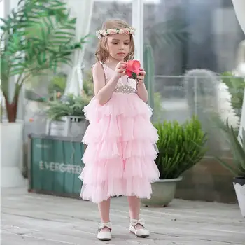

Wholesale Princess Dress for Girls Adjustable Straps Mid Calf Tulle Wedding Party Dress Children Clothing E15176