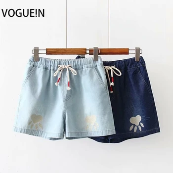 

VOGUEIN New Womens Bear Paw Embroidered Pockets Drawstring Denim Short Pants Shorts Wholesale