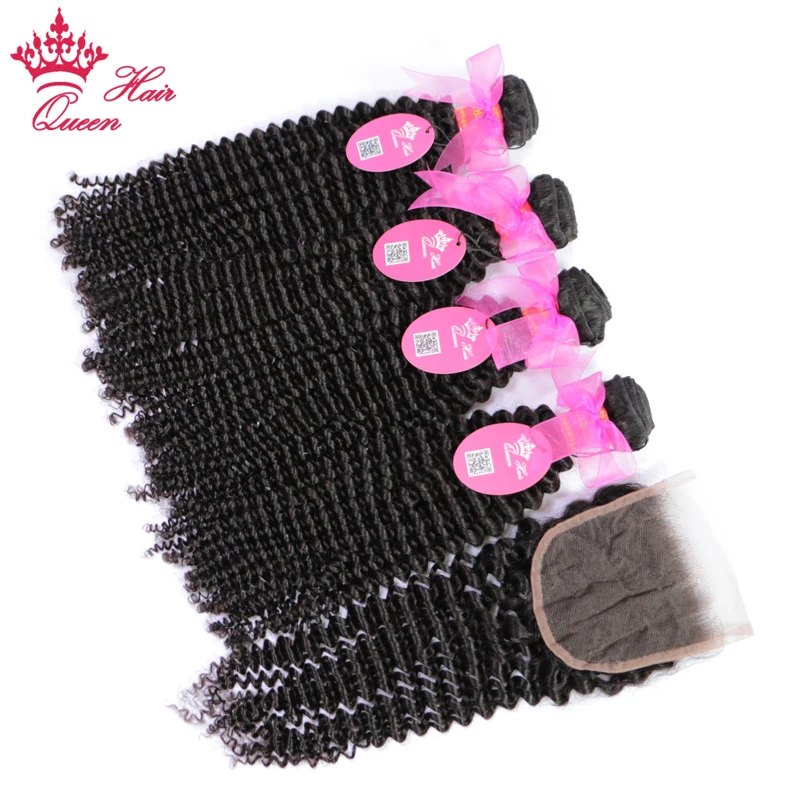 Queen Hair Products Brazilian Kinky Curly Bundles With Closure Human Hair Free Part Lace Closure Virgin Raw Hair Extensions