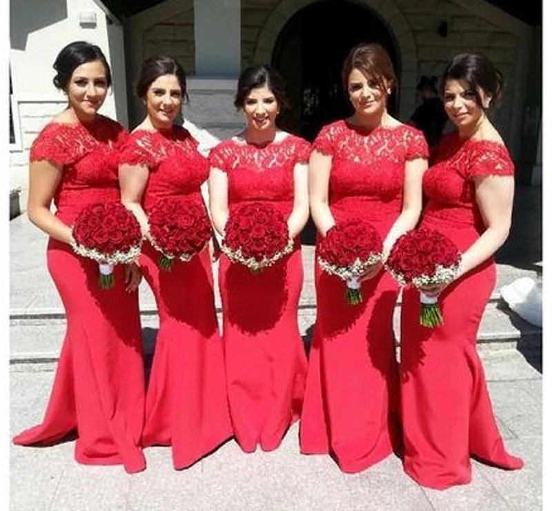 Plus Size Lace Bodice Red Bridesmaid Dresses Long Mermaid Women Summer