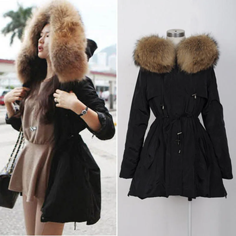 

2016 Winter Female Black Hooded Army Overcoat Outerwear Big Raccoon Fur Collar Thickening Wadded Jacket Frock Dovetail Coat W122