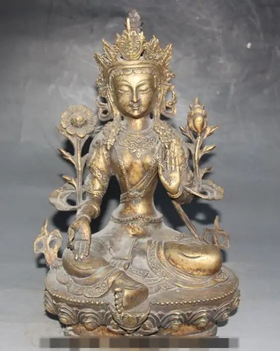 

S4576 11" Tibet Bronze Gilt Green Tara Mahayana Buddhism enlightenment Goddess statue