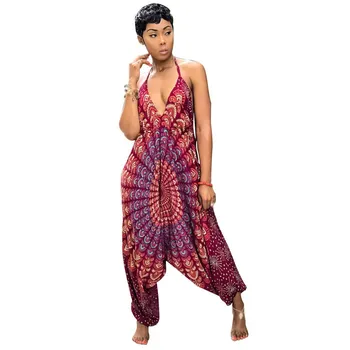 

2019 Women Sexy Club Deep V Neck Jumpsuits Spaghetti Straps Flora Print Rompers Bohemian Casual Sleeveless Backless Jumpsuit