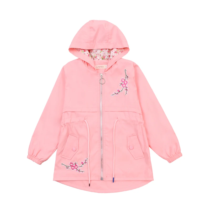 Ветровка для девочек Новая Милая верхняя одежда с капюшоном и цветочным принтом для малышей, детская одежда детские повседневные куртки Vestidos для детей 6, 8, 10, 12 лет - Цвет: Розовый