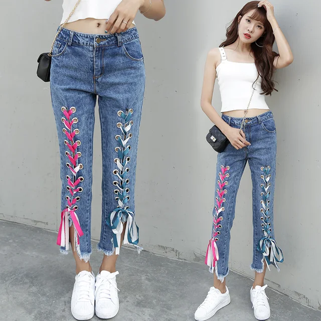 PAROLLADA Ribbon Lace Up Blue Jeans Ladies Ankle Length Skinny Jean in