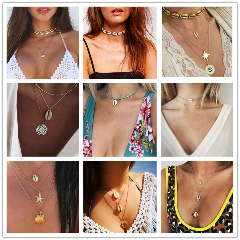 

Docona Bohemian Summer Pendant Necklace Hollow Round Geometric Shell Shape Gold Silver Color Chain Choker Jewelry For Women Gift