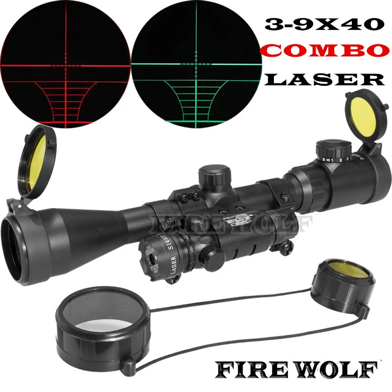 

FIRE WOLF 3-9x40EG Red Green Illumination Riflescope Gun Rifle Scope & Detachable Green Laser Sight For Airsoft Huntin