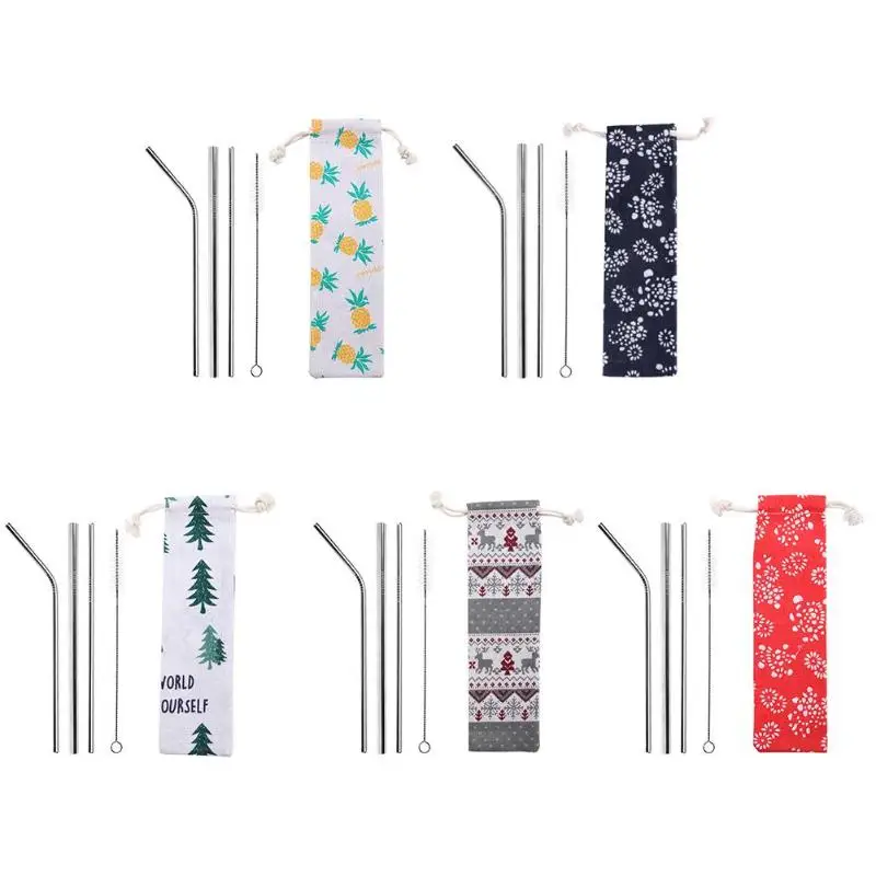 

5pcs High Quality Long Reusable Stainless Steel Drinking Straw+Cleaner Brush Coffee Tee Tool Metal Large Straight Straw