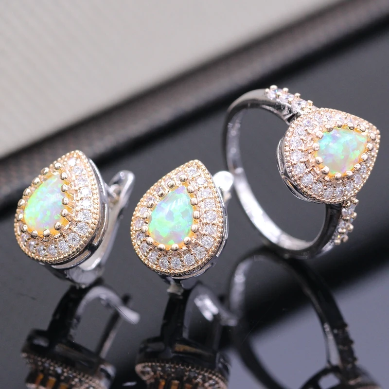

JY Fashion yellow Fire Opal Set 100% Hand Made Gold Color Jewelry Ring+Earrings Sets CZ Office Lady Accessories 3colors