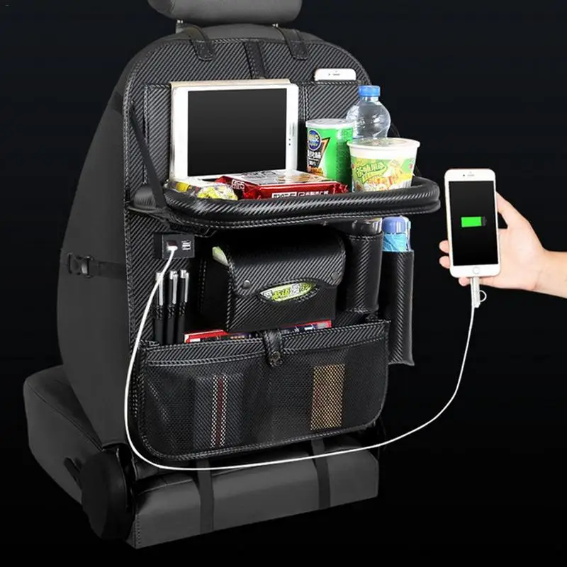 Автомобильный Органайзер на заднее сиденье сумка 4 USB зарядка держатель мешка для хранения Путешествия многофункциональный карман укладка Tidying авто аксессуары - Название цвета: Carbon Fiber B