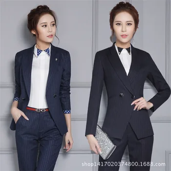 

high quality Fashion Business women pants suit Pant Suits formal stripe long sleeve slim blazer and pants office lady work sets