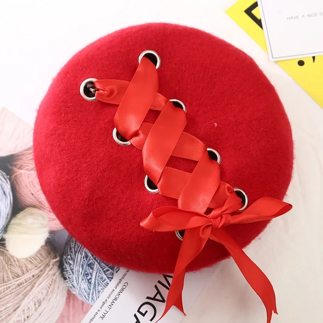 VISROVER New Sweet Cute Berets Women Winter Hats Soft Macaron color Ribbon Woolen Lolita Beret classical Soft Straps Cross Bow red