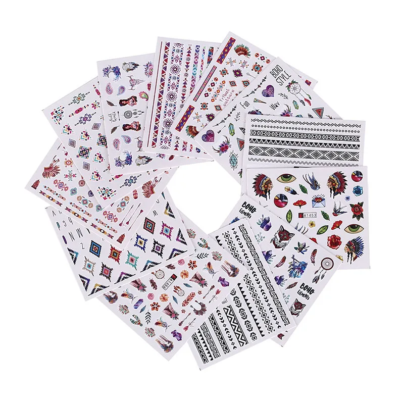 

12Pcs Mixed Bohemia Charming Feather Dream Catcher Nail Art Sticker Water Transfer Tattoo Manicure Flowers Decals Random