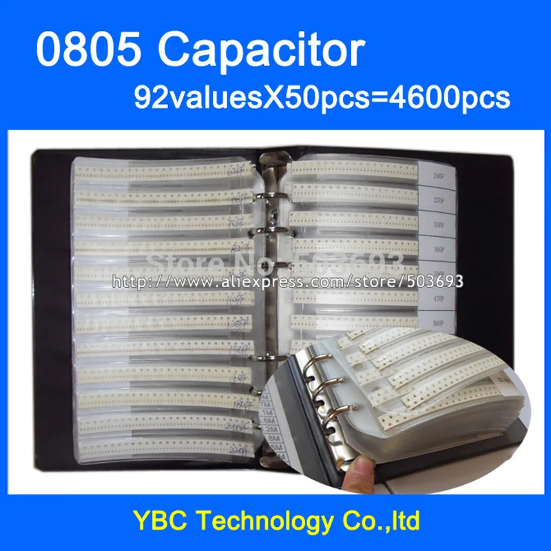 

Free Shipping 0805 SMD Capacitor Sample Book 92valuesX50pcs=4600pcs 0.5PF~10UF Capacitor Assortment Kit Pack