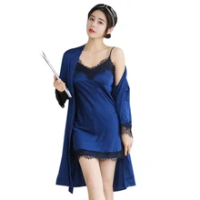 Пикантные осенние домашние тапочки Для женщин шелковые пижамы Костюмы съемный бюстгальтер пижамы, халаты