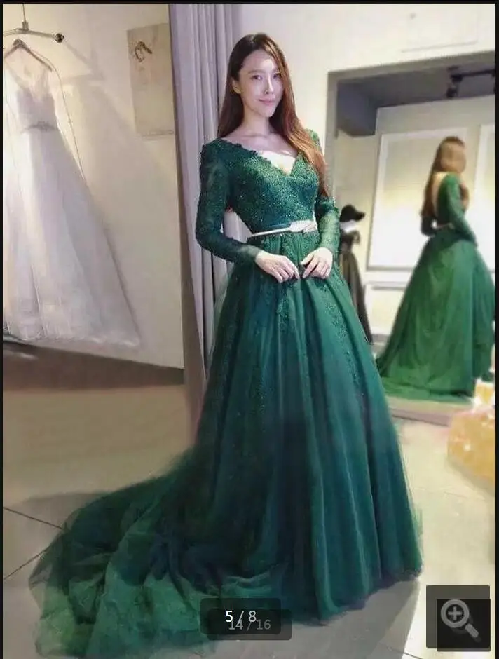 long sleeve green evening gown