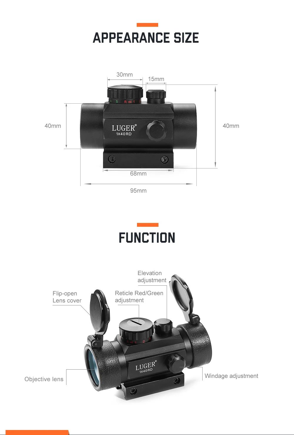 Тактический фонарь 1X40 Red Dot прицел Красная Подсветка Красный Зеленый Регулируемый Коллиматорный прицел охотничий оптический с 11 мм/20 мм ласточкин хвост