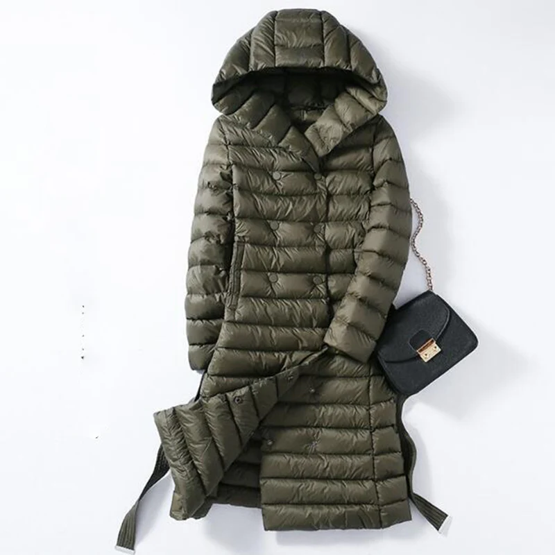 Осень-зима, длинные женские пуховики размера плюс 3XL, ультра-светильник, парка на утином пуху, пальто с капюшоном, куртка-пуховик, верхняя одежда RH1382
