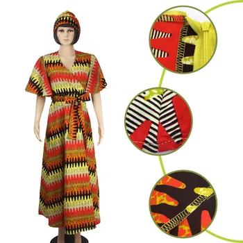 

New Custom African Wax Print Dresses for Women Long V-neck Dress with Headwrap African Style Clothing Party D18121101