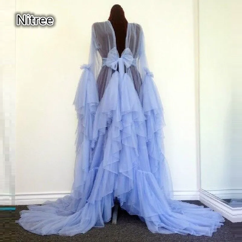 

Real Photos Custom Made Sexy A Line Transparent Tulle Dress Sarees For Women Fold Abendkleider Tiered Long Sleeve Evening Gowns