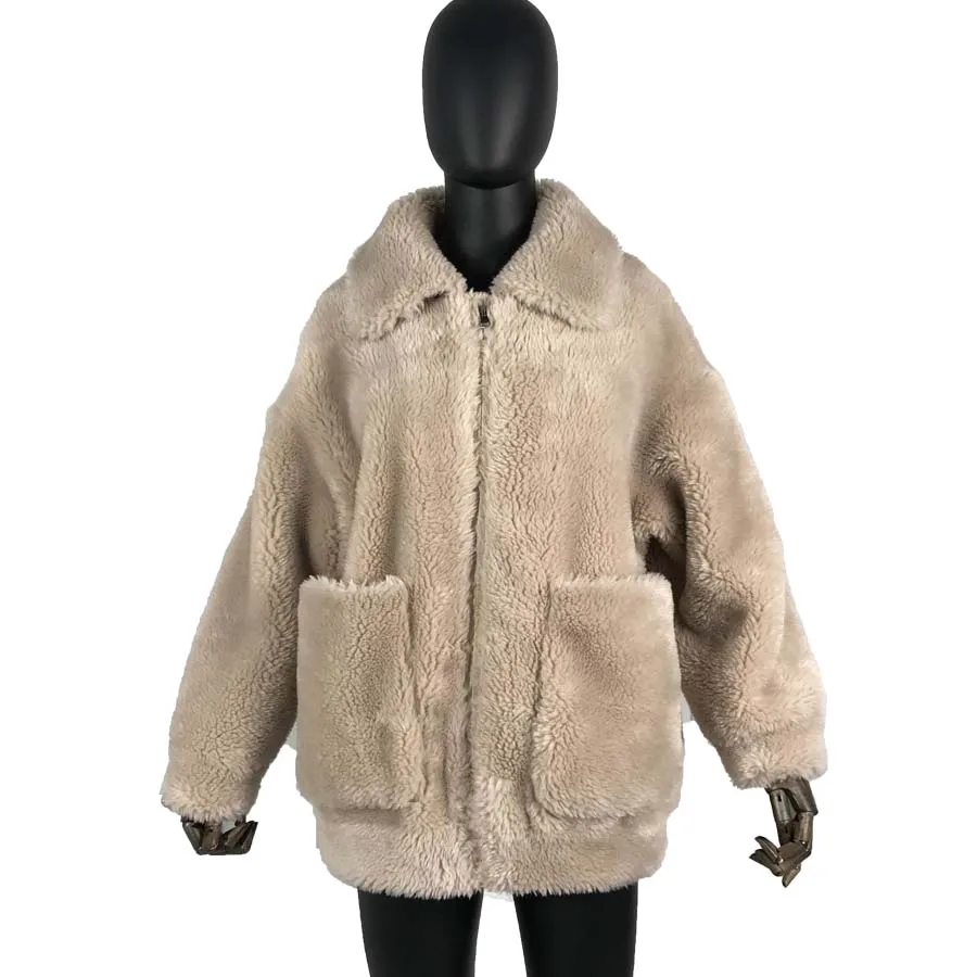 

real Granule Sheep Shearing Coat wool coat with Suede Leather Liner thick warm for winter zipper turn-down collar wool coat