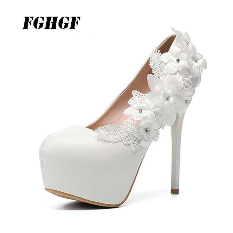 

High heel women's shoes new autumn wedding shoes white lace high heels bridesmaid shoes sexy Platform shoes Big size 34 to 43