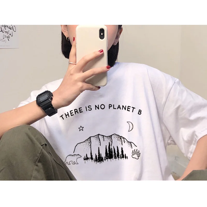 

T shirt Women New There is no planet b letter bear cartoon print female T-shirt casual fashion Chic Women Tshirt Harajuku O-Neck