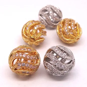 

12mm Rhodium Gold tone plated Brass Micro Pave Zircon CZ Round Ball Bead Connectors Spacer Beads For DIY Bracelet Making Charms