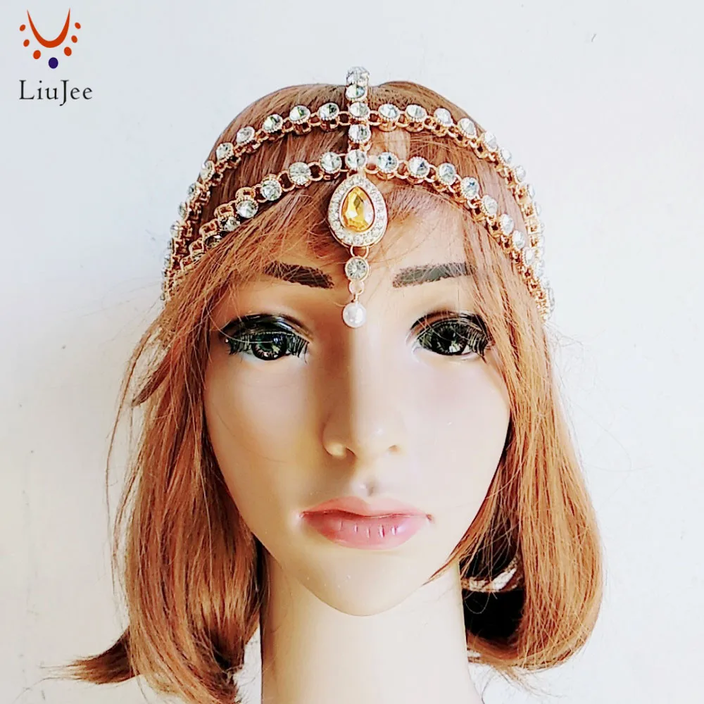 Bridal Pearl Crystal Grecian Inspired Tikka Chain Headpiece Headband 