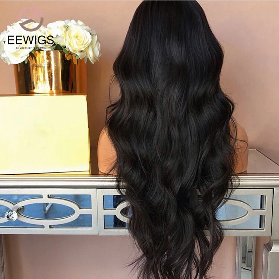 EEWIGS афроамериканские парики длинные волнистые черные парики бесклеевой синтетический парик на кружеве термостойкие парики для черных женщин