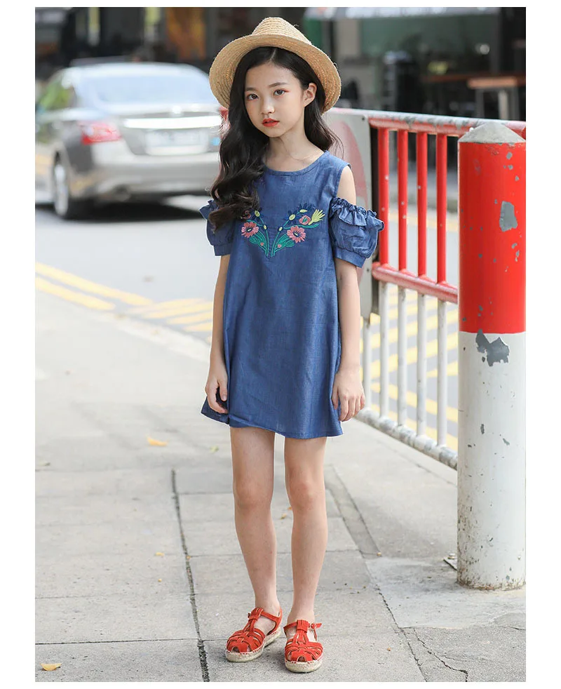 Off Shoulder Denim Knee Length Dresses For Teenage Girls Embroidery Floral Ruffles Sleeve Sundress Kids Party Dress Clothing (9).jpg