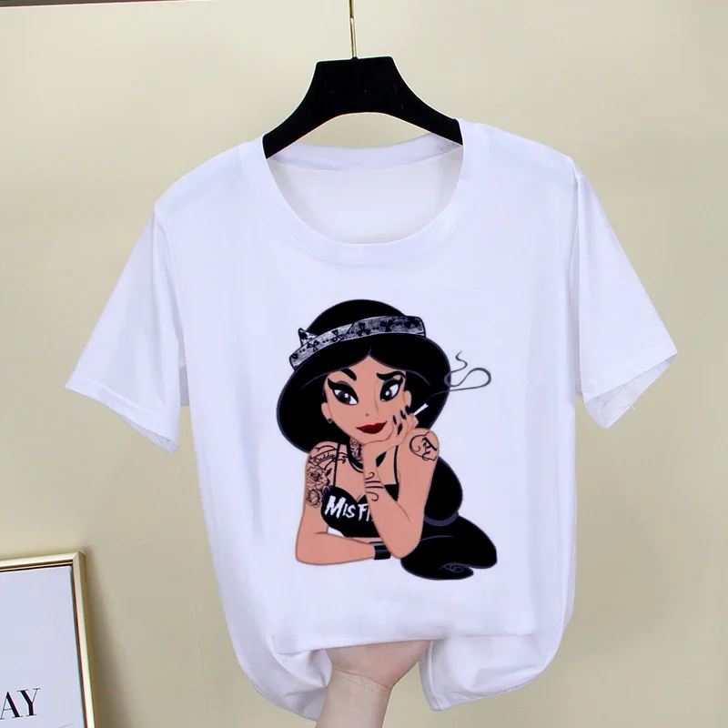 Новинка, модная женская футболка, тату, принцесса, принт Харадзюку, футболка с круглым вырезом и коротким рукавом, белые топы, женская одежда - Цвет: 15