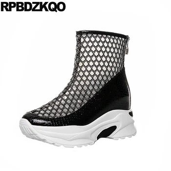 

Sneakers Snake Mesh Women Ankle Boots 2019 Round Toe Shoes Sandals Wedge Harajuku Height Increased High Heel Black Snakeskin