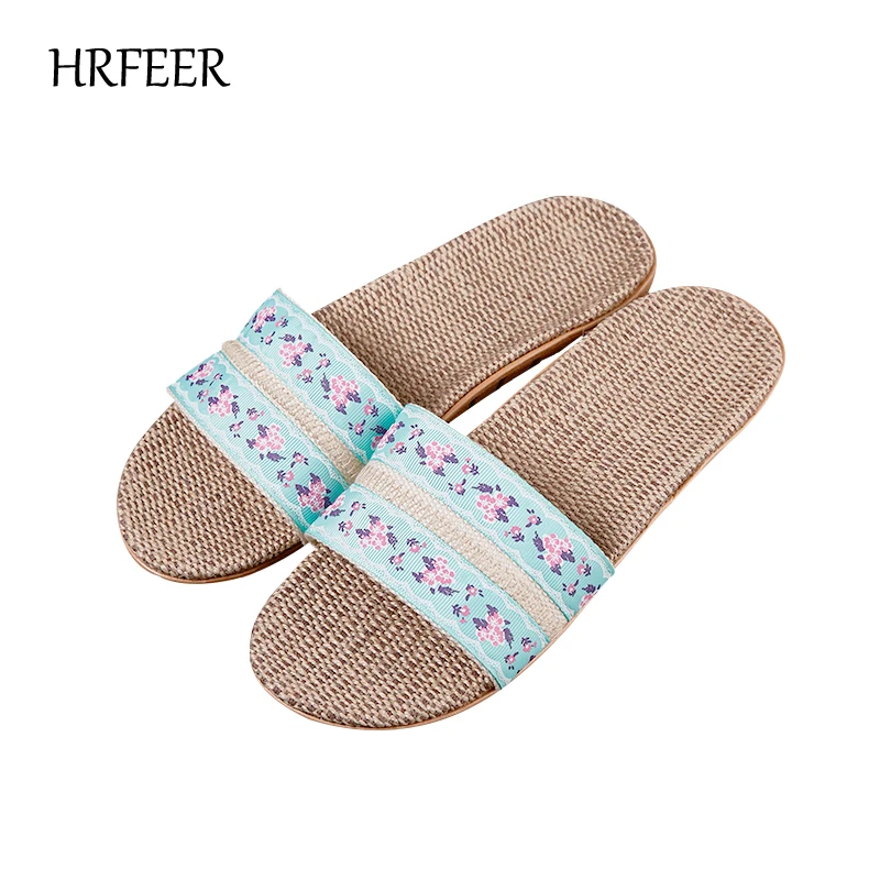 

HRFEER New Women' Flat Slippers Linen Home Slipper Female Indoor Shoes Men's Summer Flip Flops Sandals Flax Beach Slippers