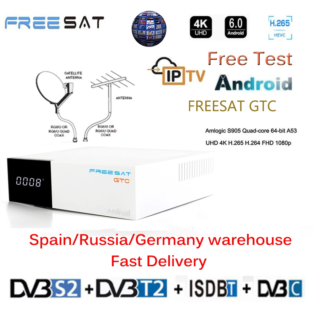 

Freesat/GTmedia GTC Satellite Receiver DVB-S2/T2/Cable ISDBT android 6.0 support IPTV Netflix cccam Youtube wifi decoder PK H96