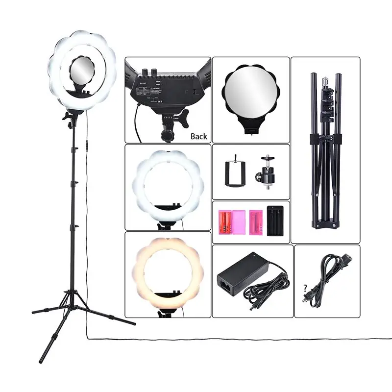 

Fusitu Photo Studio Lighting LED 3000K-6000K Bi-color Dimmable Camera Phone Photography Ring Light Lamp with Tripod Mirror