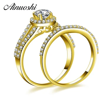 

AINUOSHI 14K Solid Yellow Gold Round Halo Ring Set 0.5ct Round Cut Sona Diamond Rings Engagement Wedding Rings Set for Female